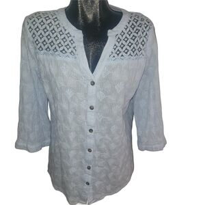 Claire France Light Blue Button-Front  Cropped Sleeve Top With Lace Yoke 14